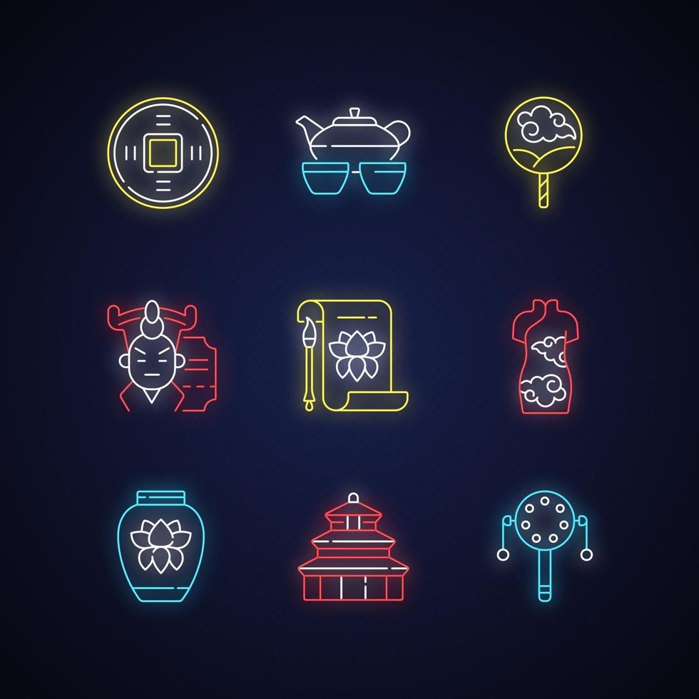 Conjunto de iconos de luz de neón de tradiciones chinas vector