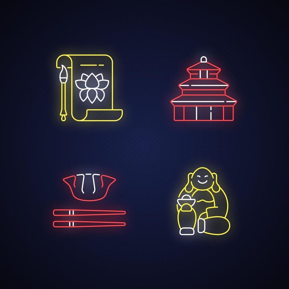 Chinese history neon light icons set vector