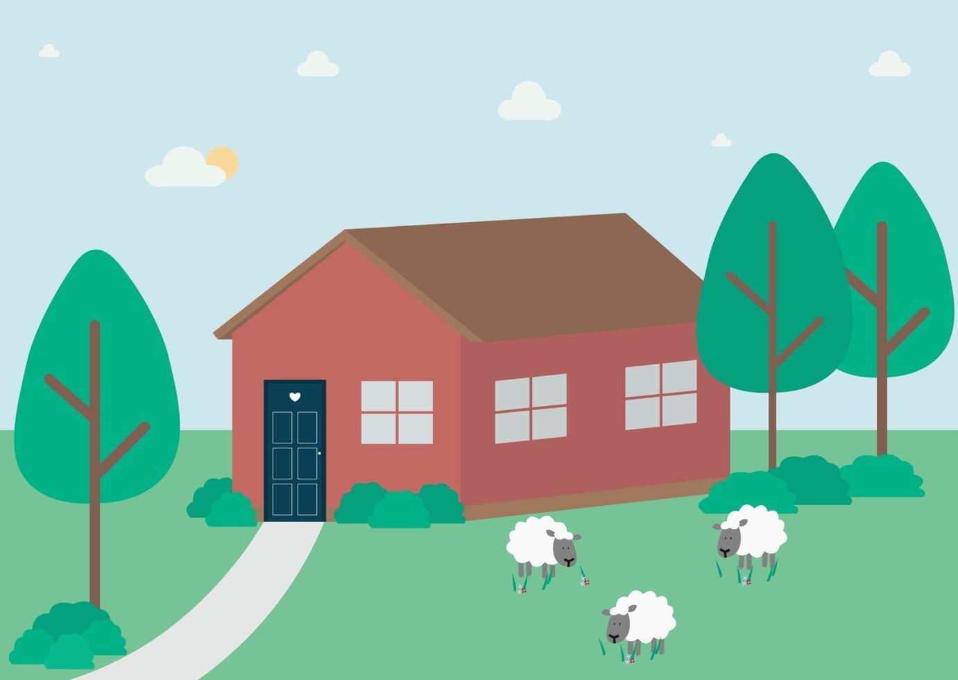 Rural landscape with a house trees and sheep in the countryside Vector flat concept illustration