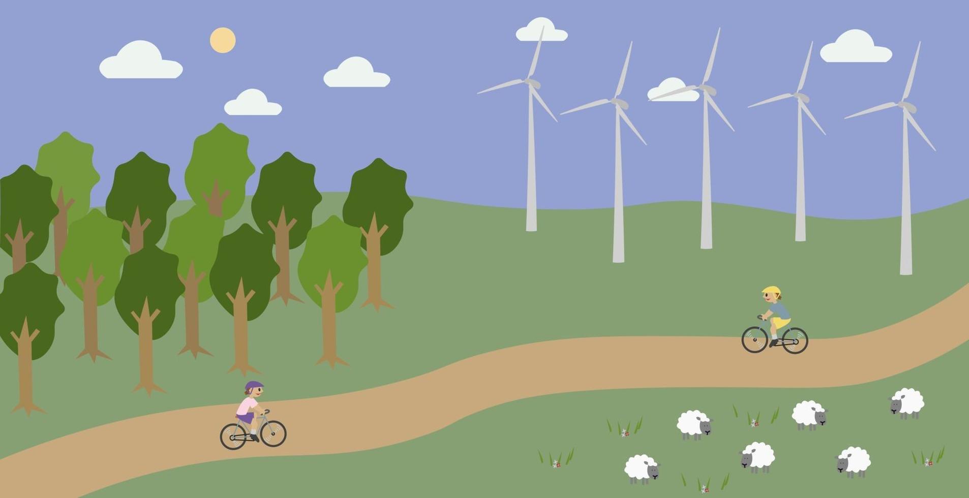 Countryside landscape with wind turbines and cycling people Concept vector illustration