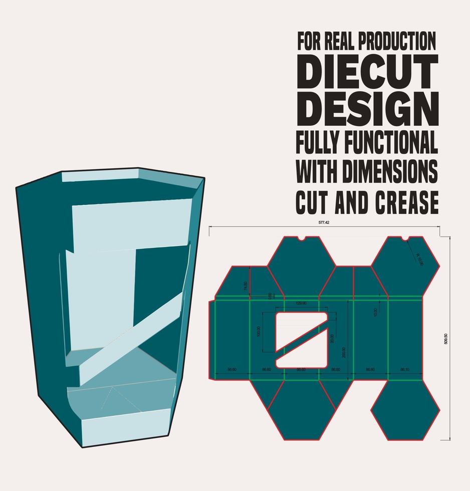 Caja hexagonal troquelada con tapa superior empotrada Diseño de línea hexagonal listo para imprimir y trabajar con cartón real vector