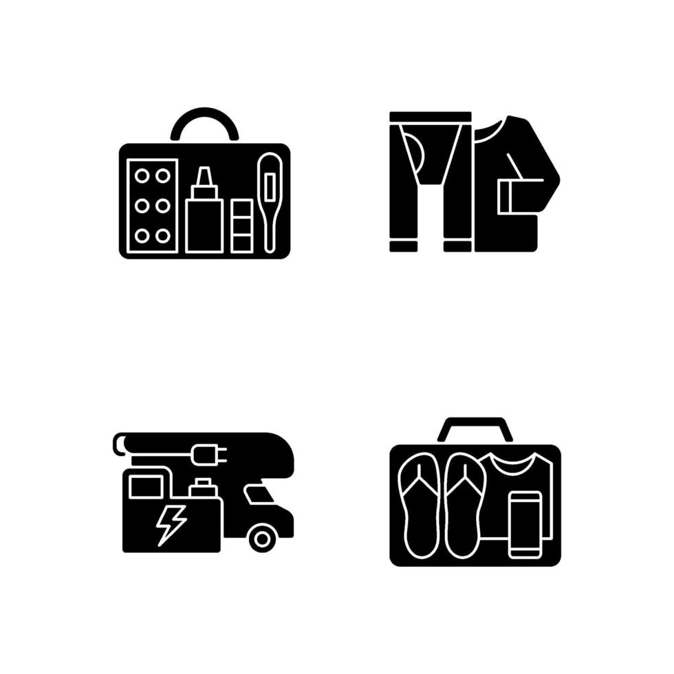 Traveler things for vacation black glyph icons set on white space vector