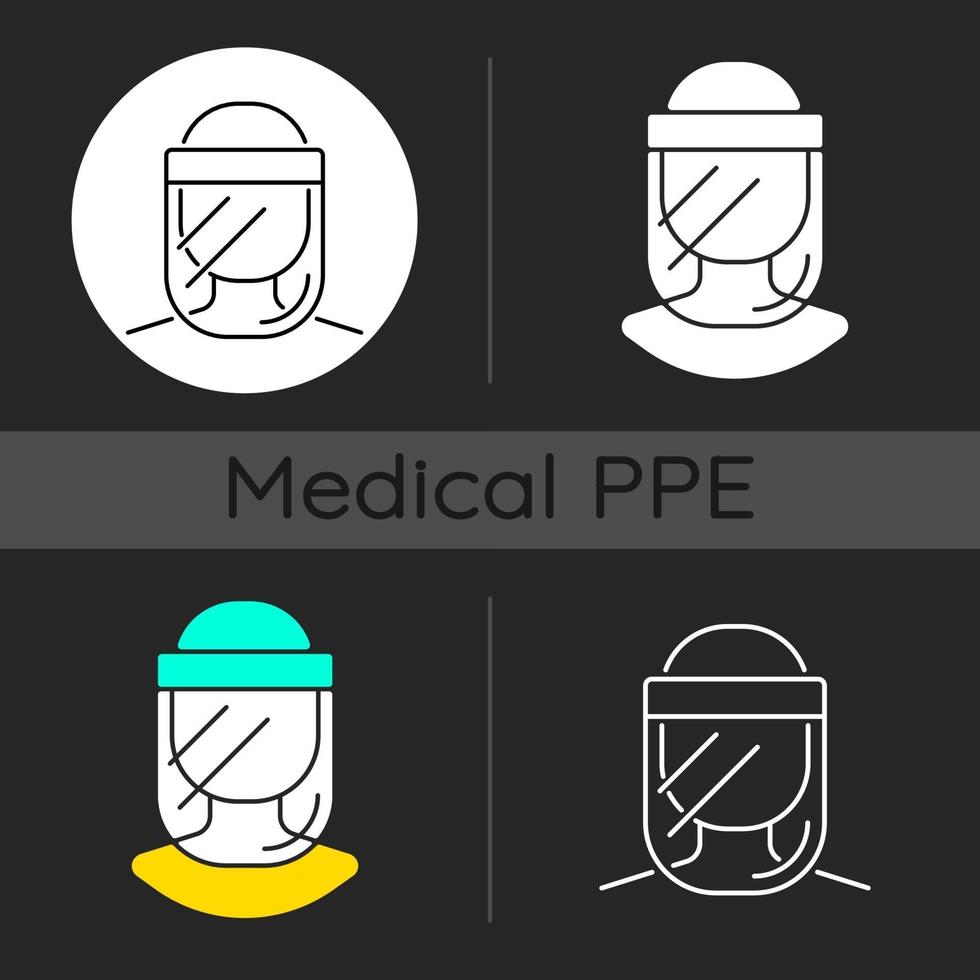 Medical face shield dark theme icons set vector