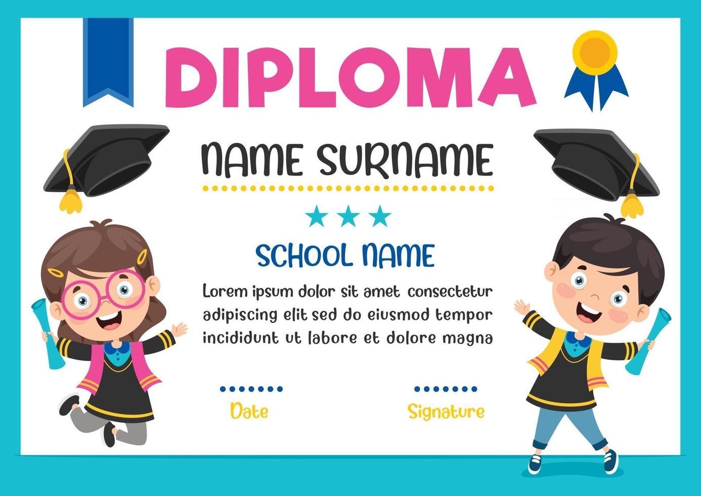 certificado de diploma para niños de preescolar y primaria vector