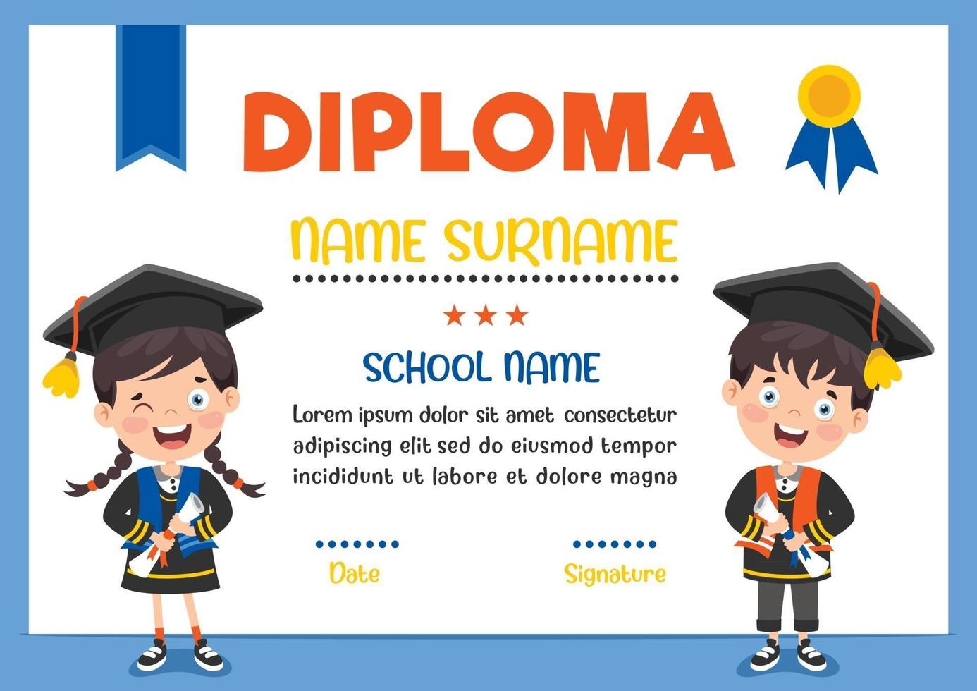 Diploma Certificate For Preschool And Elementary School Kids vector