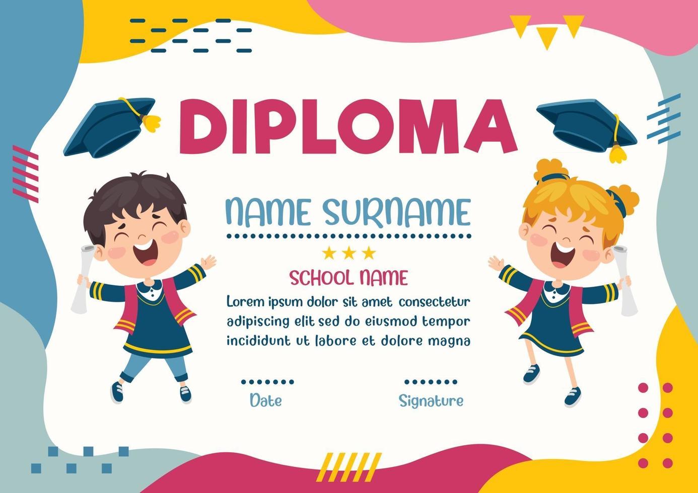 certificado de diploma para niños de preescolar y primaria vector