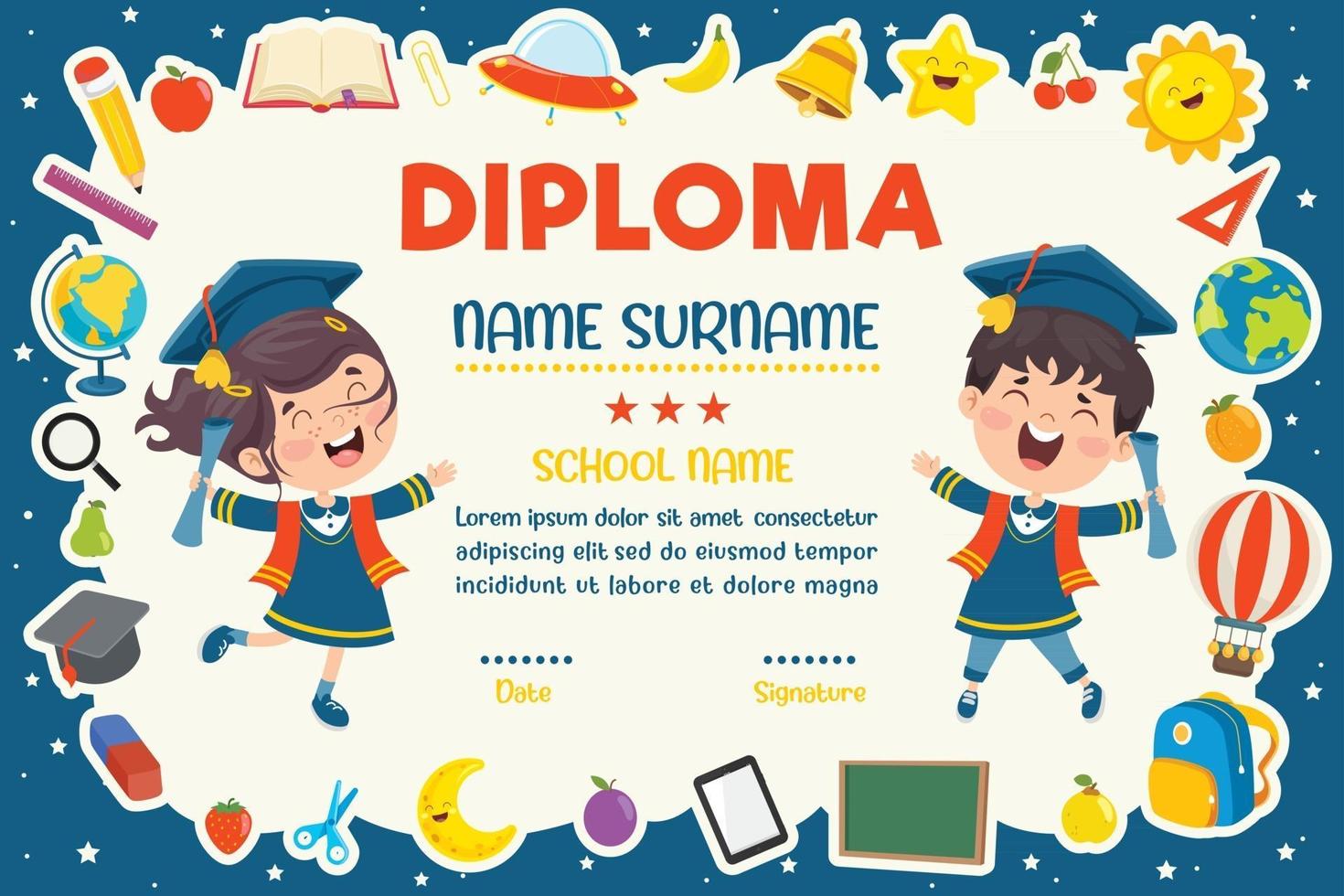 certificado de diploma para niños de preescolar y primaria vector