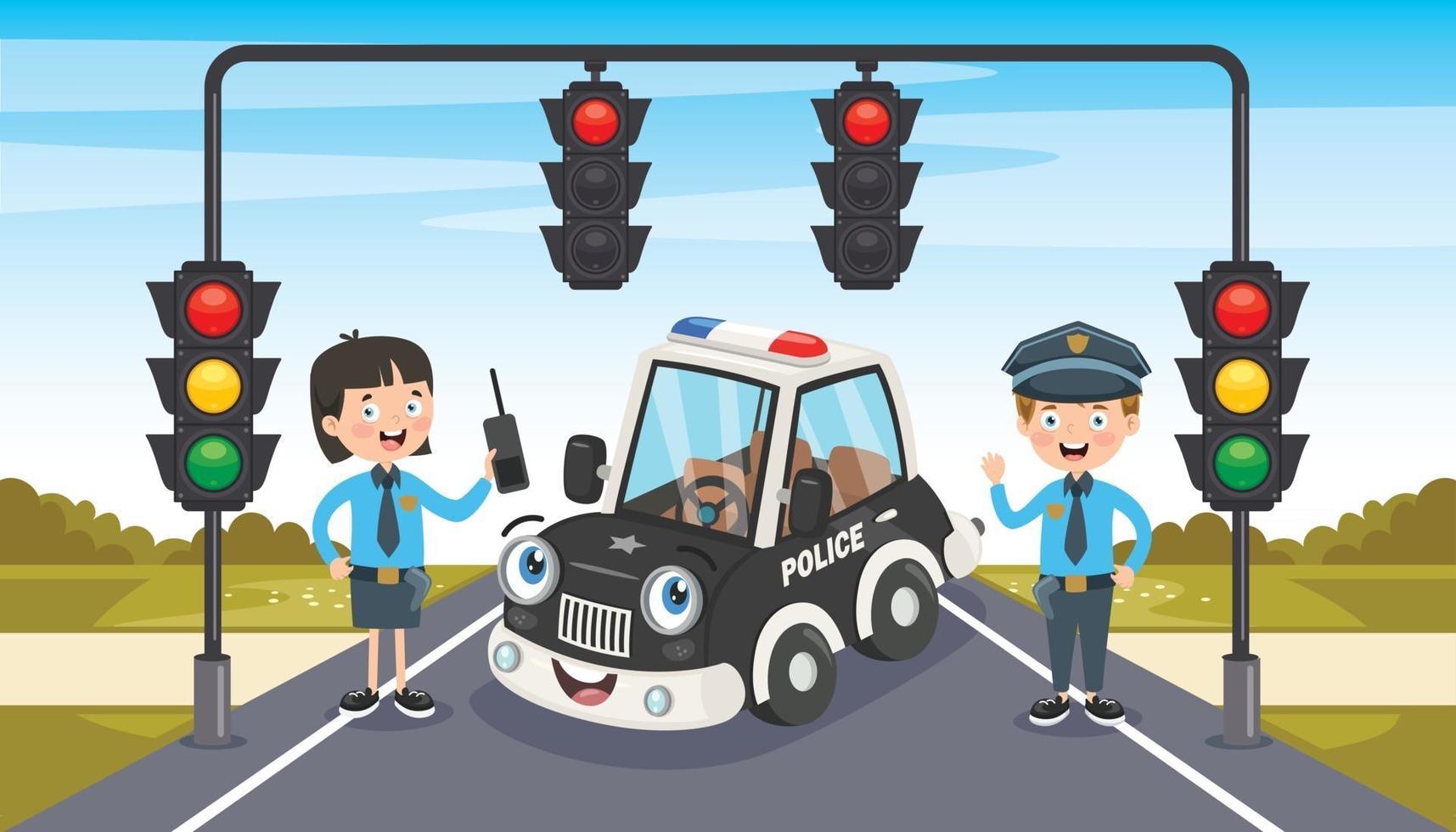Police Officers Posing With Funny Car vector