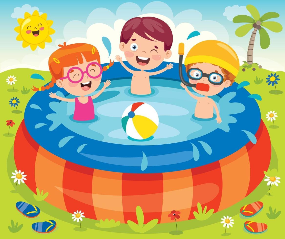 niños nadando en una piscina inflable. vector