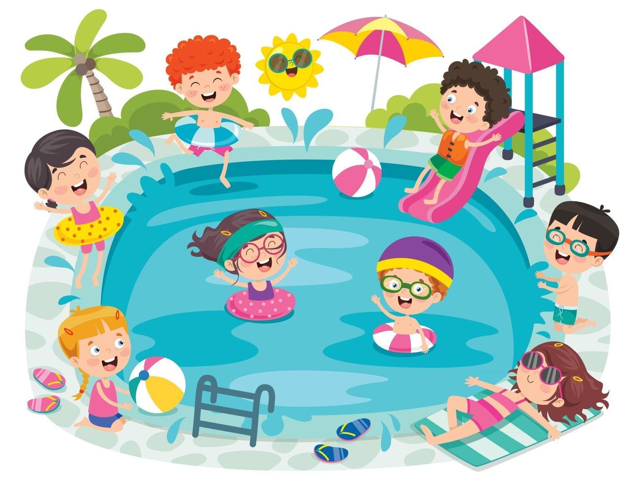 niños divertidos nadando en la piscina vector