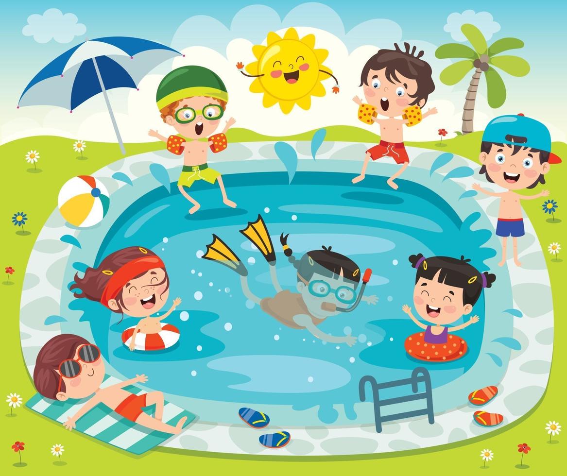 niños divertidos nadando en la piscina vector