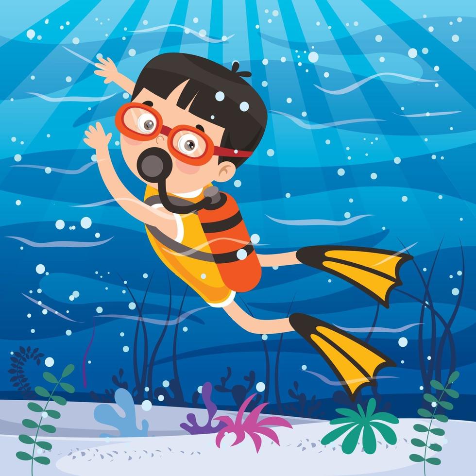Little Cartoon Character Diving In The Ocean vector