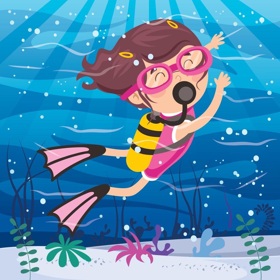 Little Cartoon Character Diving In The Ocean vector