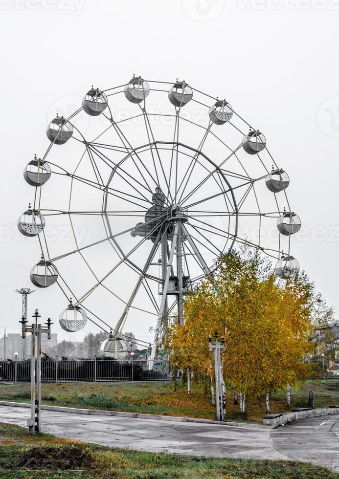 Noria con árbol de otoño de color amarillo brillante contra el cielo gris foto