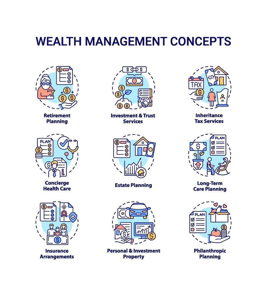 conjunto de iconos de concepto de gestión de la riqueza vector