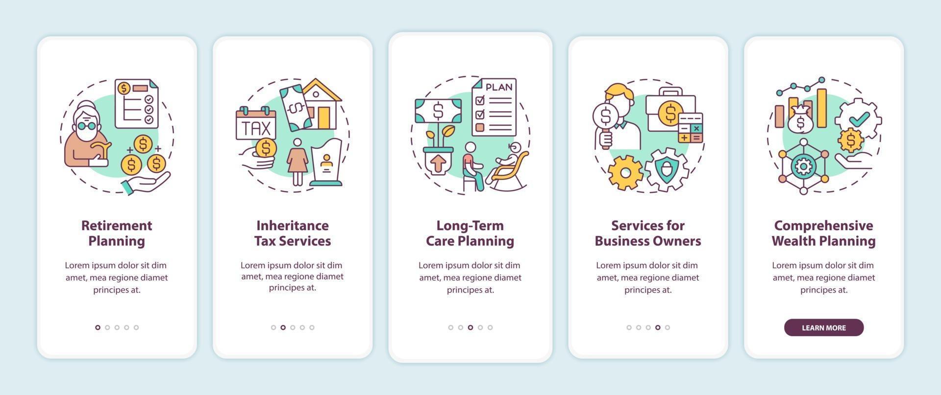 Wealth management services onboarding mobile app page screen with concepts vector