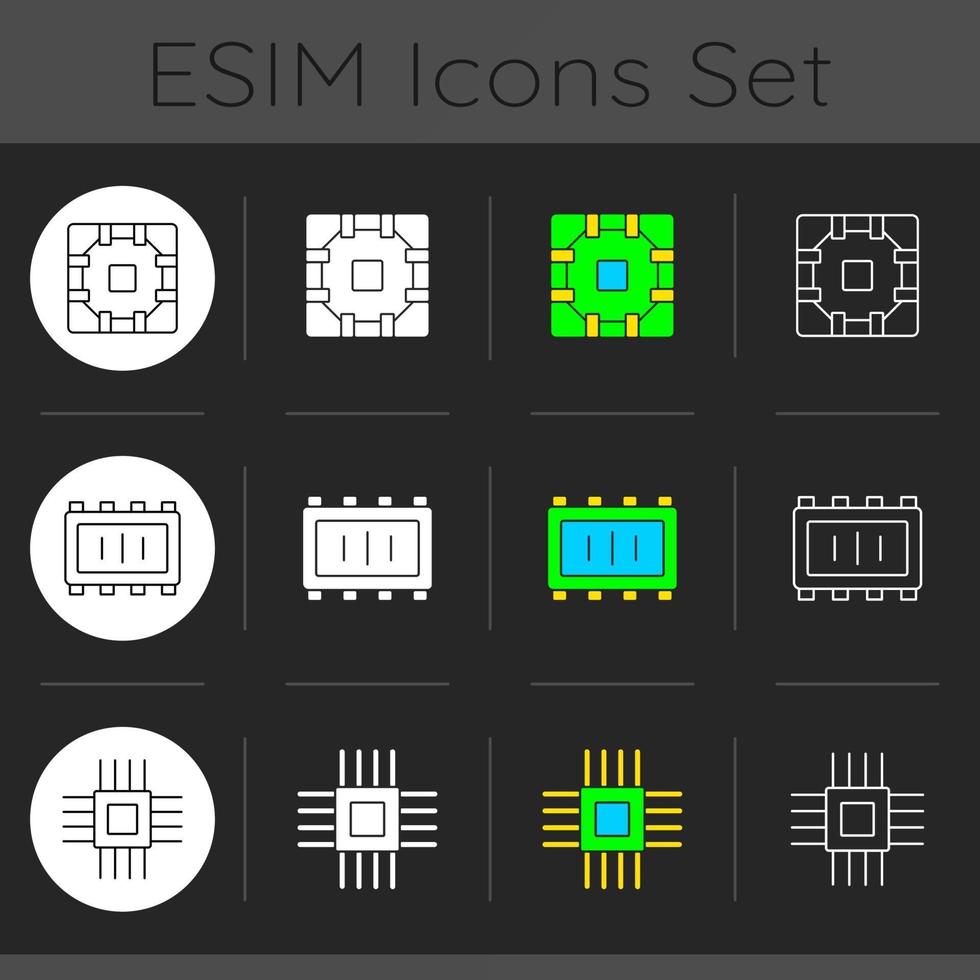 Microcircuits dark theme icons set vector