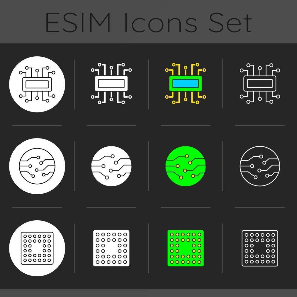 Microcircuits dark theme icons set vector
