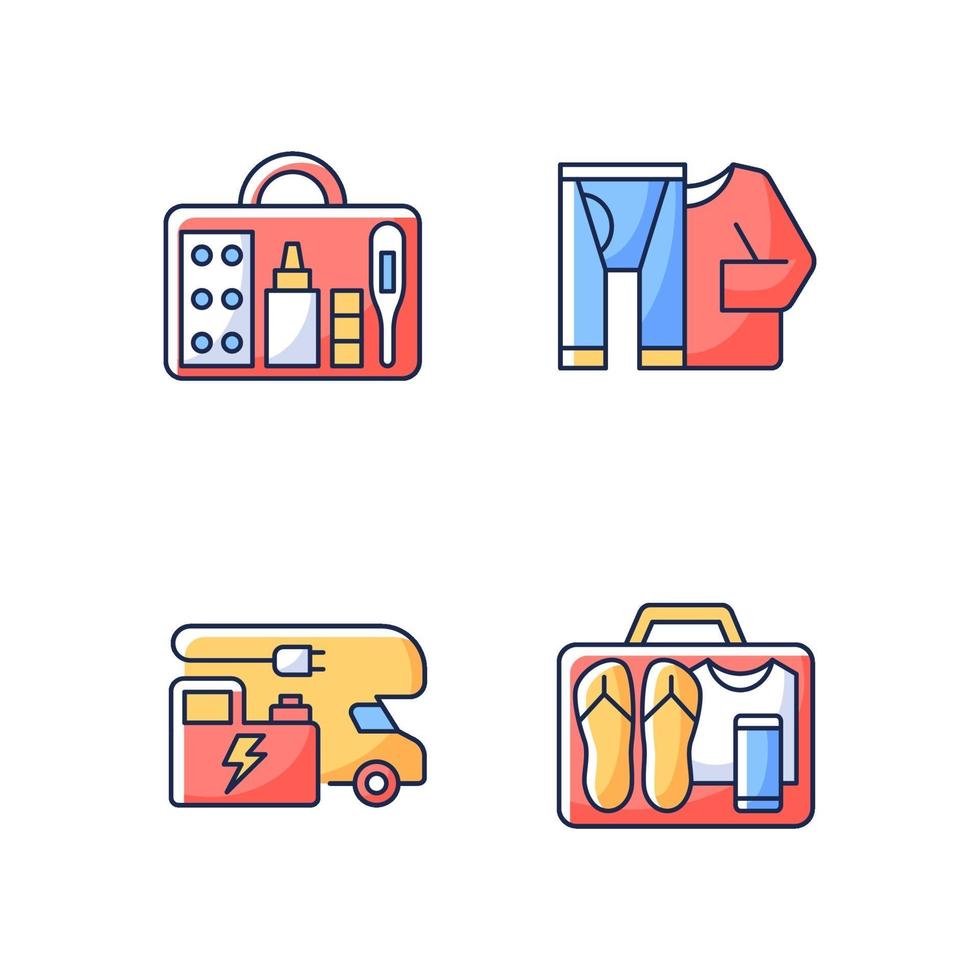 Traveler things for vacation RGB color icons set vector