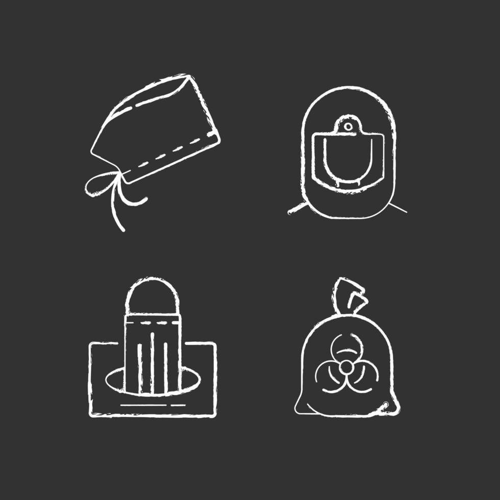Personal protective equipment chalk white icons set on black background vector