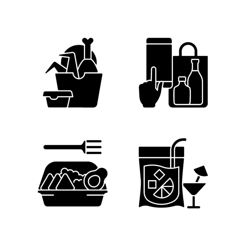 Takeaway and delivery option black glyph icons set on white space vector