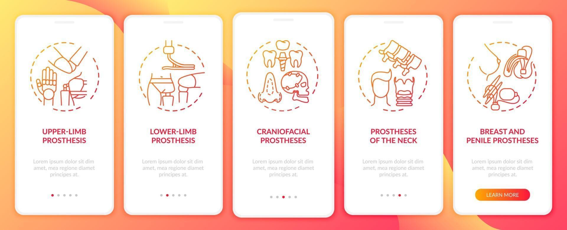 Fake limb types onboarding mobile app page screen with concepts vector