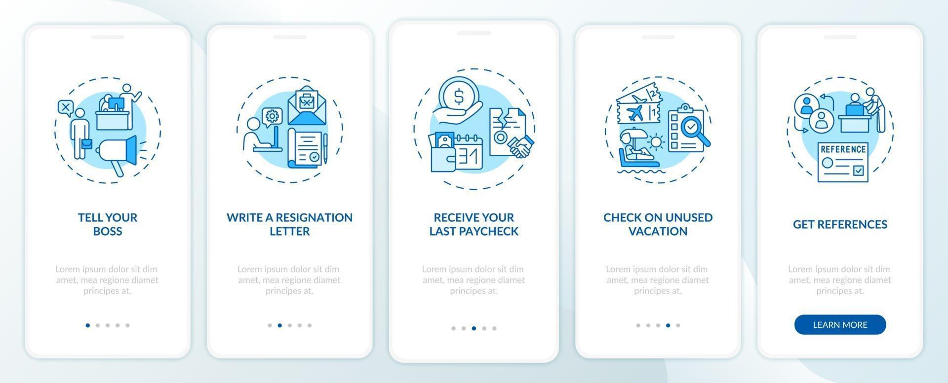 Resignation checklist onboarding mobile app page screen with concepts vector