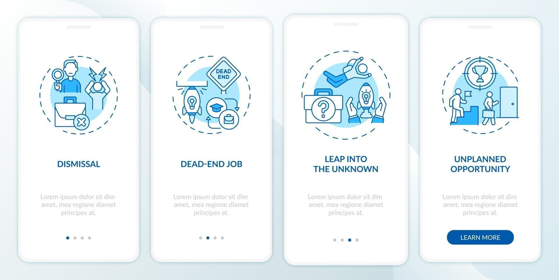 Job transition reasons onboarding mobile app page screen with concepts vector