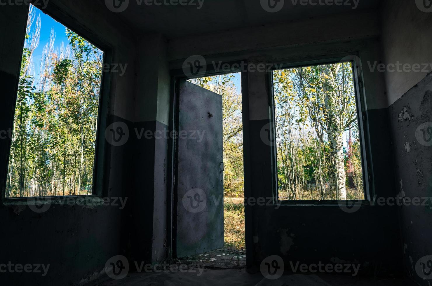 Vista del bosque desde una habitación con ventanas en Ucrania foto