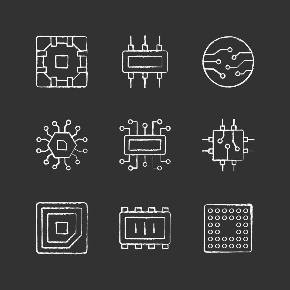 microcircuitos tiza iconos blancos en fondo negro vector