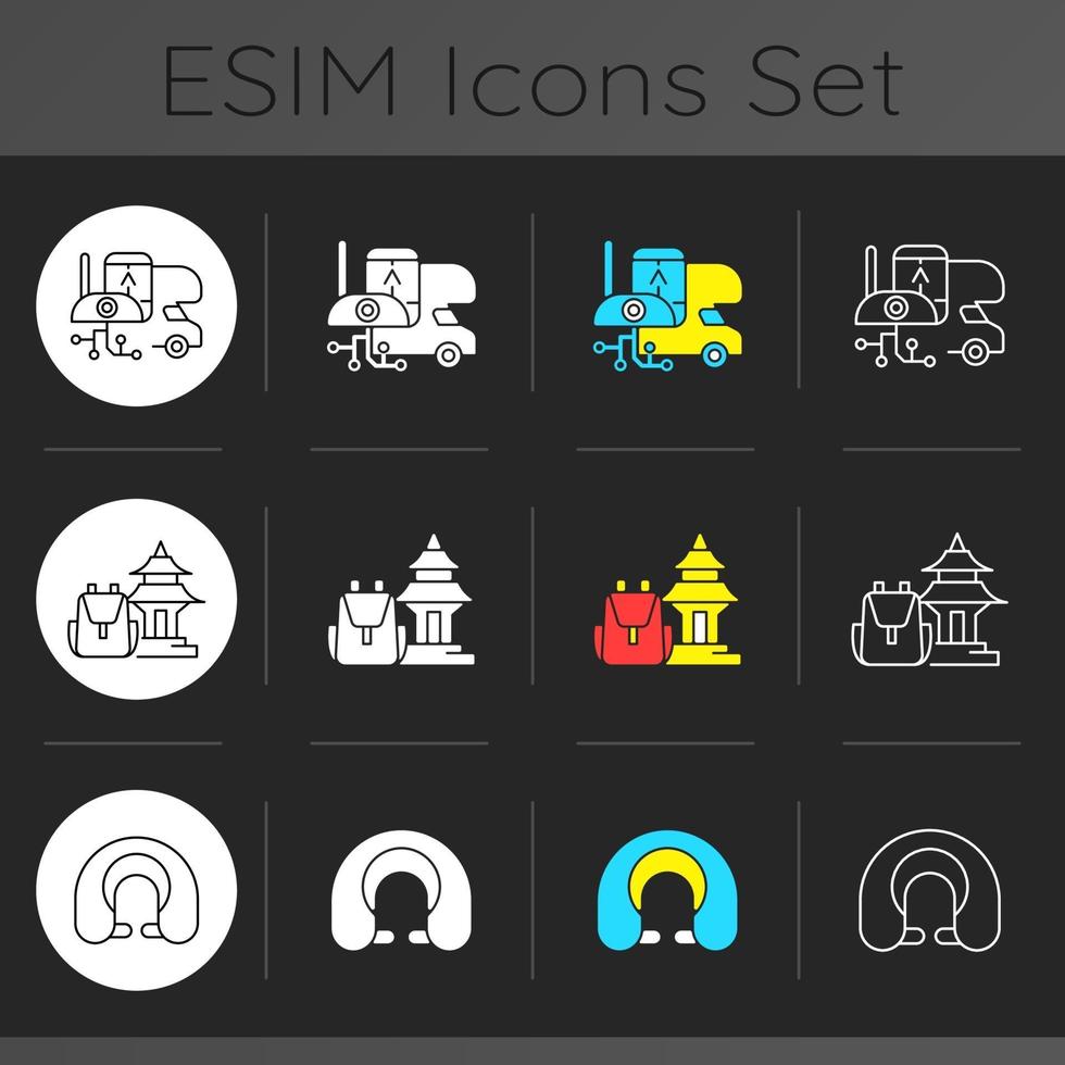 Nomadic trip dark theme icons set vector