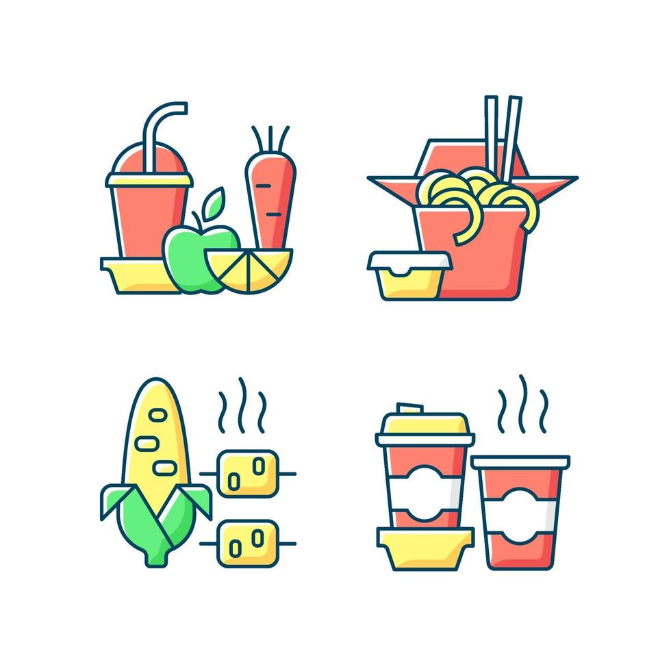 Opción de comida para llevar y entrega conjunto de iconos de colores rgb vector