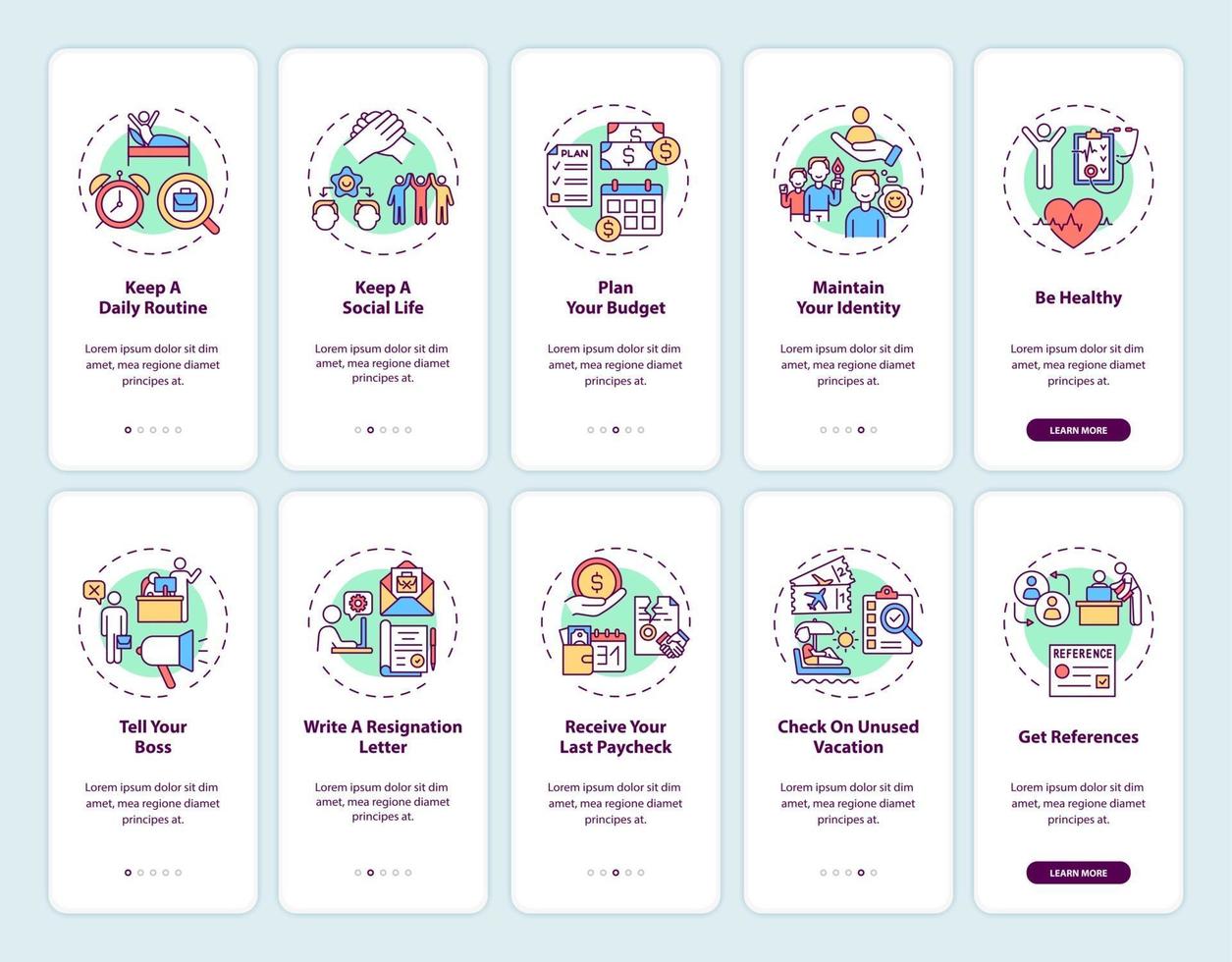 Job transition onboarding mobile app page screen set with concepts vector