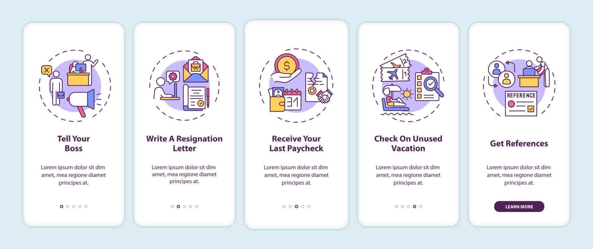 Resignation checklist onboarding mobile app page screen with concepts vector
