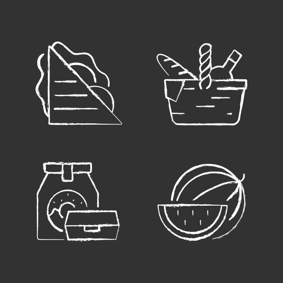 Outdoor meal chalk white icons set on black background vector