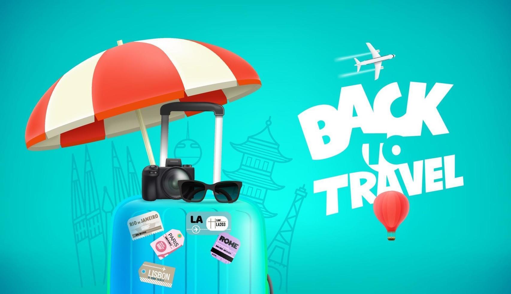 bolsa de viaje con pegatinas, cámara digital y gafas de sol. vector