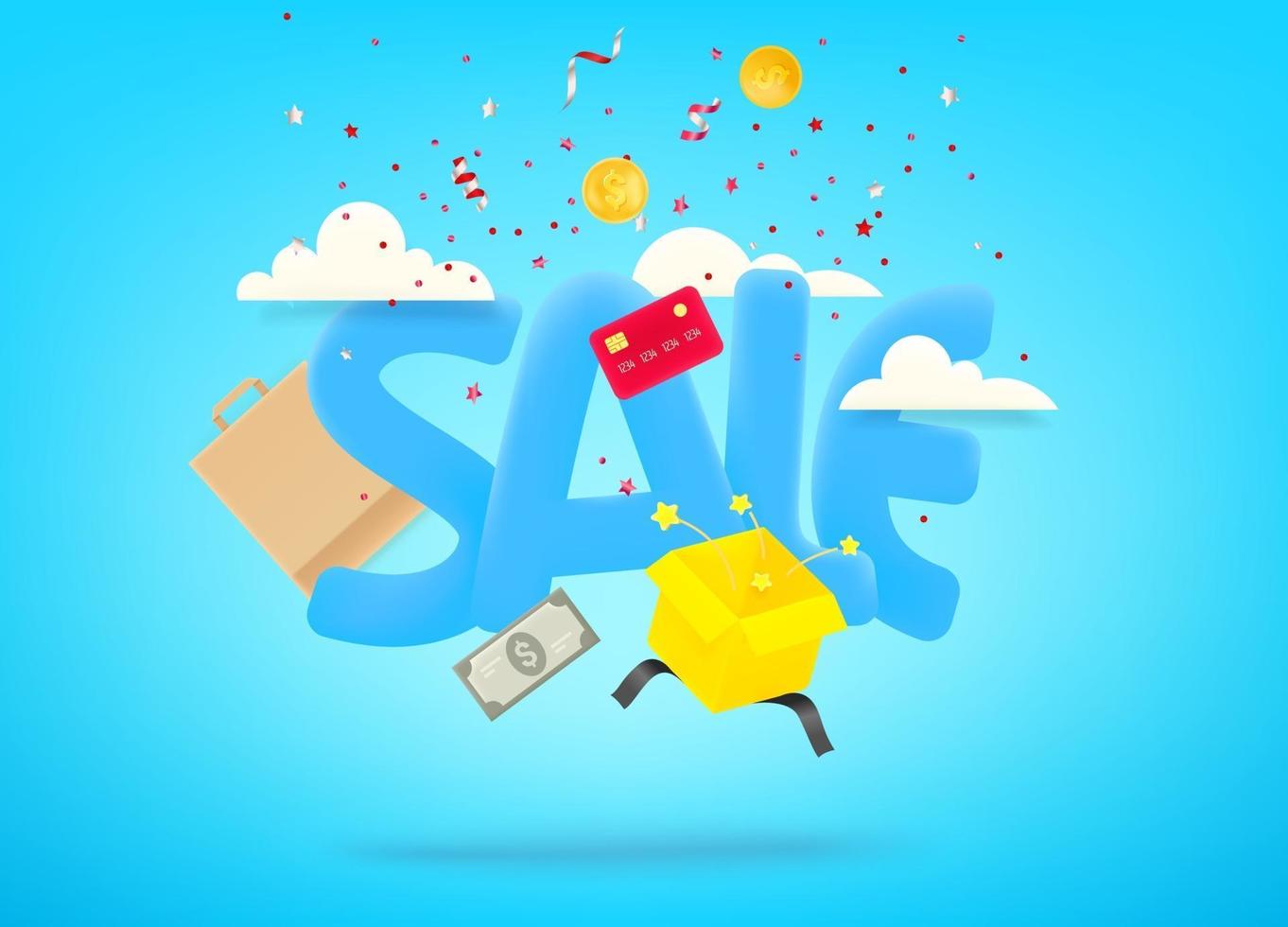 Sale banner with confetti and shopping stuff vector