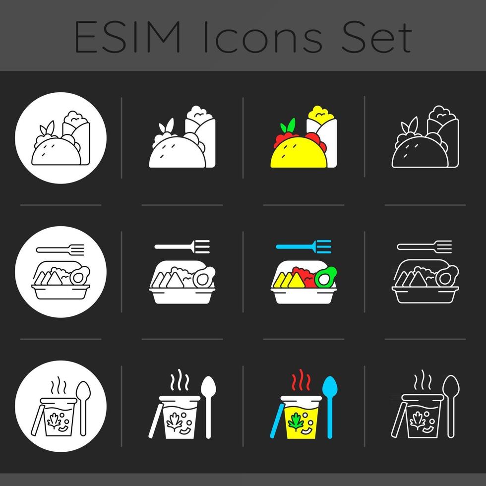 Takeaway and delivery option dark theme icons set vector