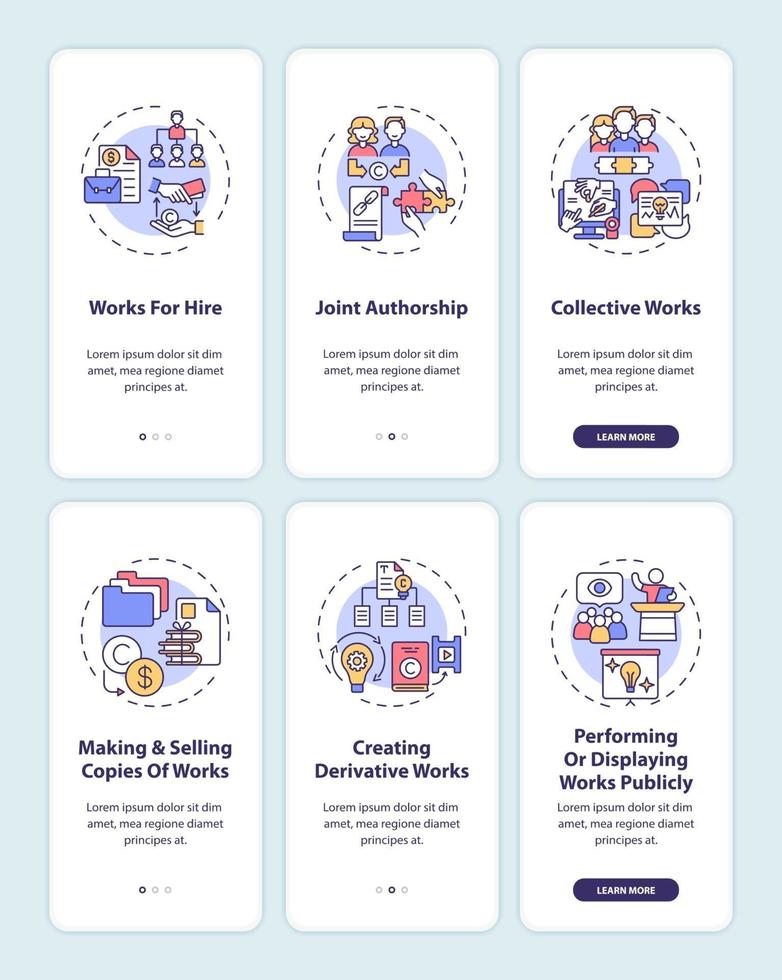 Copyright law protection onboarding mobile app page screen with concepts set vector