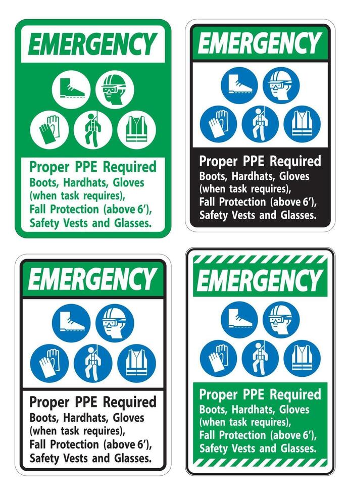 Emergency Sign Proper PPE Required Boots Hardhats Gloves When Task Requires Fall Protection With PPE Symbols vector