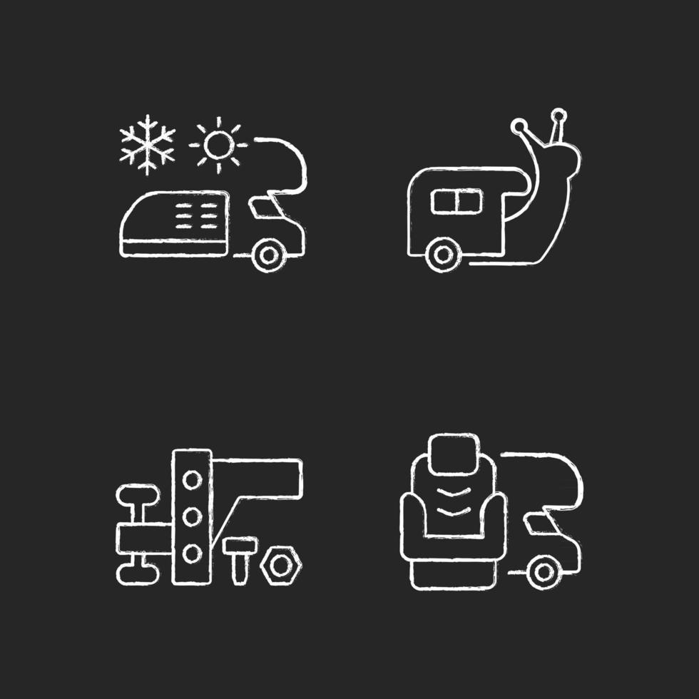 Recreational vehicle chalk white icons set on black background vector