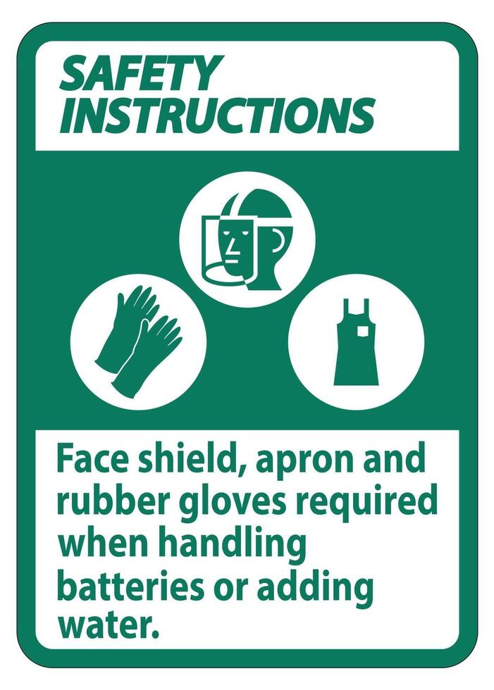 instrucciones de seguridad firmar, delantal protector facial y guantes de goma necesarios para manipular baterías o agregar agua con símbolos de ppe vector