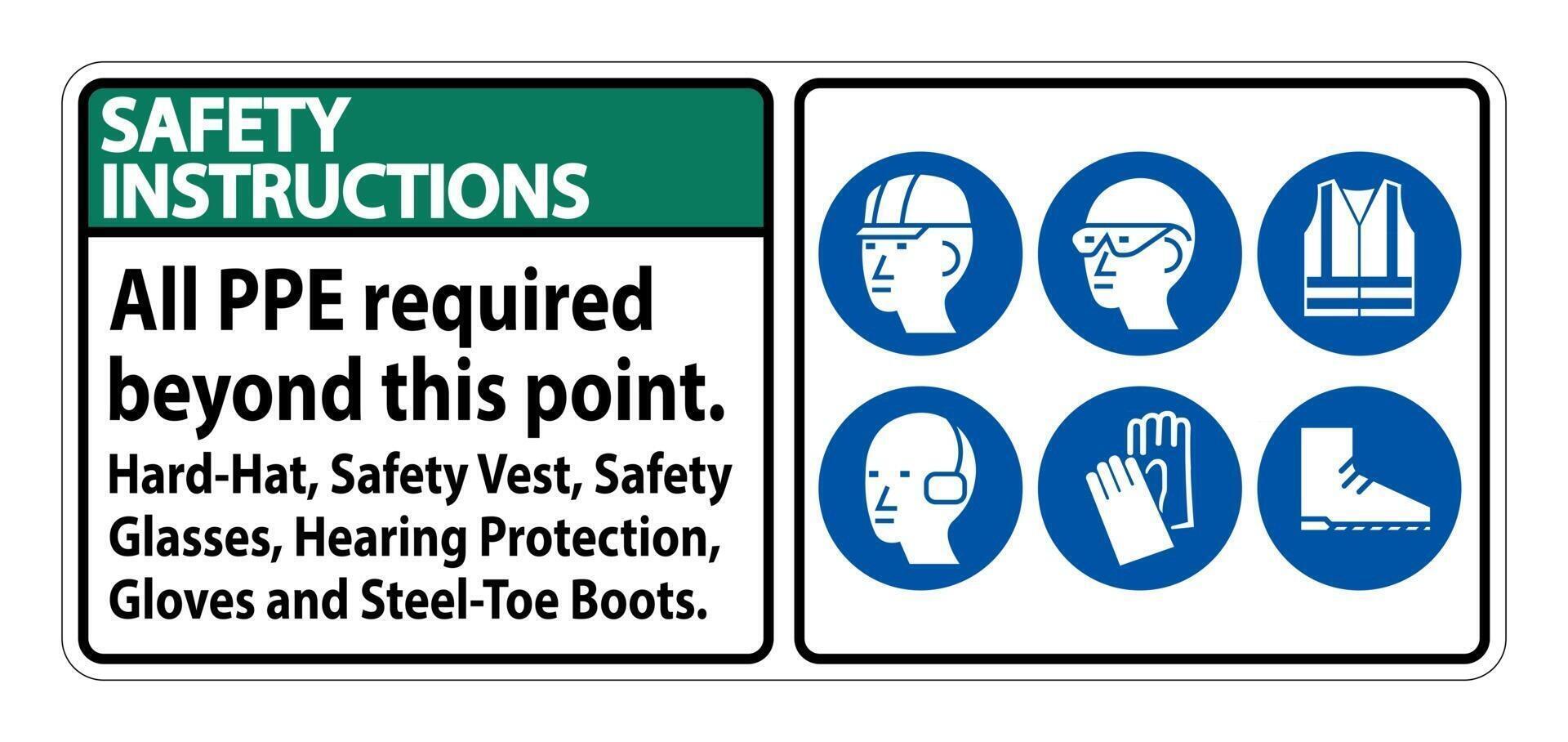 Safety Instructions PPE Required Beyond This Point Hard Hat Safety Vest Safety Glasses Hearing Protection vector