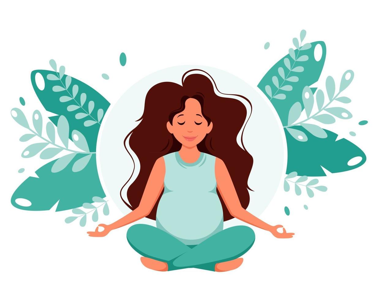 Pregnant woman meditating in lotus pose Pregnancy health concept Vector illustration