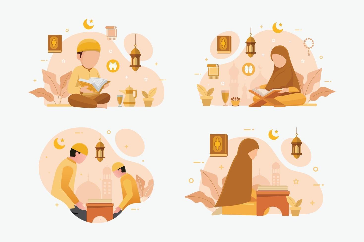 Set of Muslim people reading and learning the quran islamic holy book vector