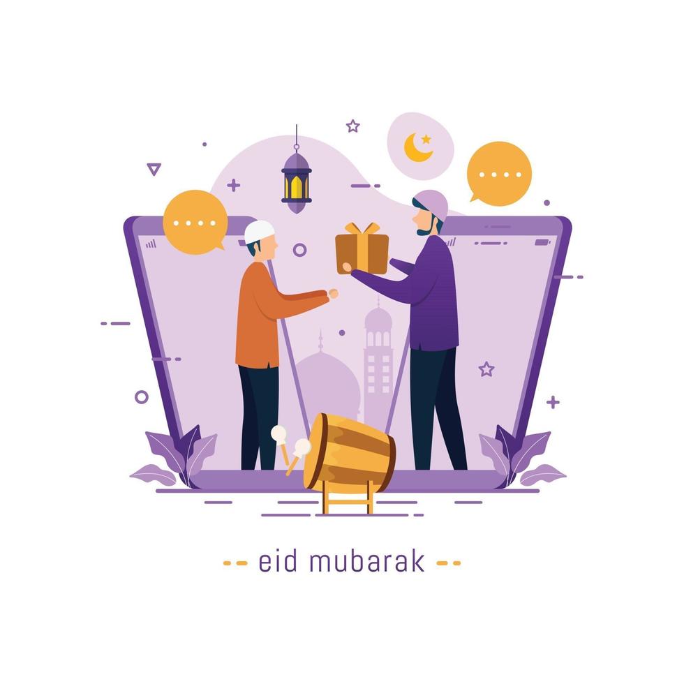 Vector illustration Muslims people communicates through mobile applications or video calls for Eid Mubarak greetings and celebrate