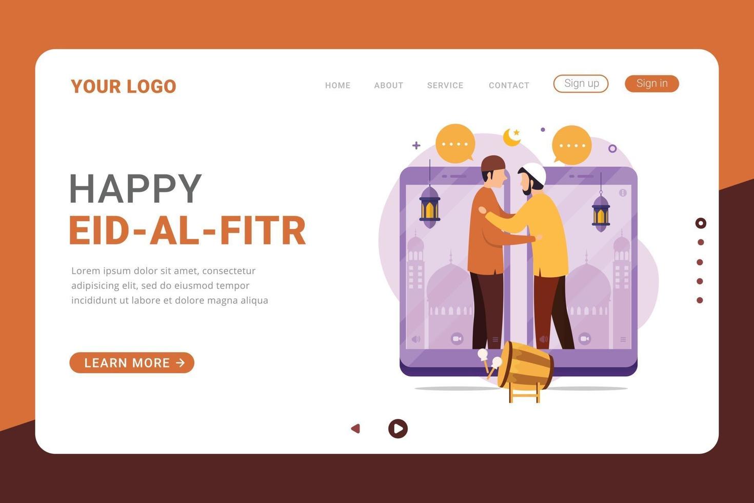 Landing page template eid mubarak celebrate with video call vector illustration