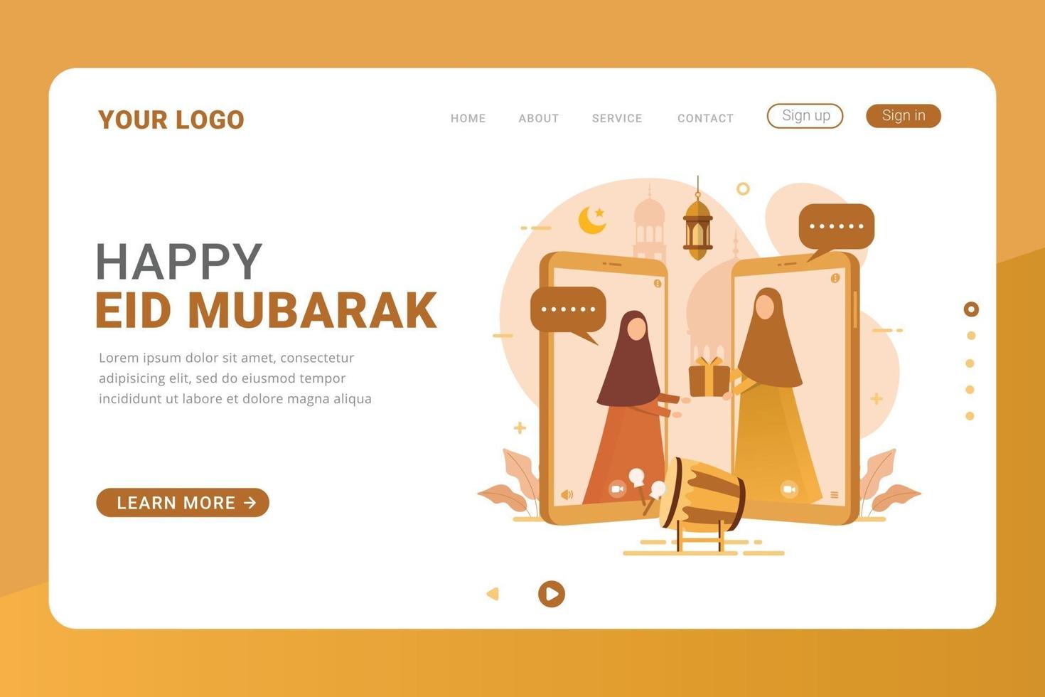 plantilla de página de destino eid mubarak celebrar con ilustración de vector de videollamada