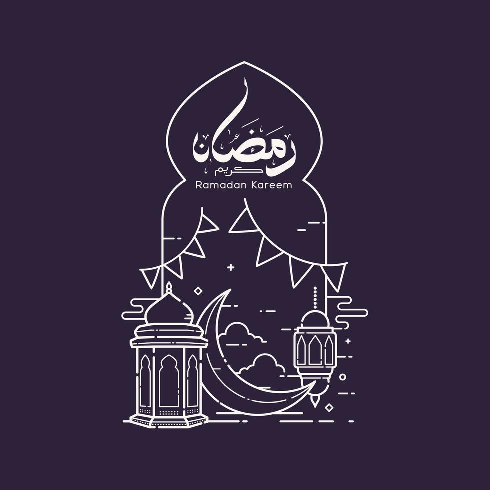 Ramadan kareem arabic calligraphy with mosque line art design vector