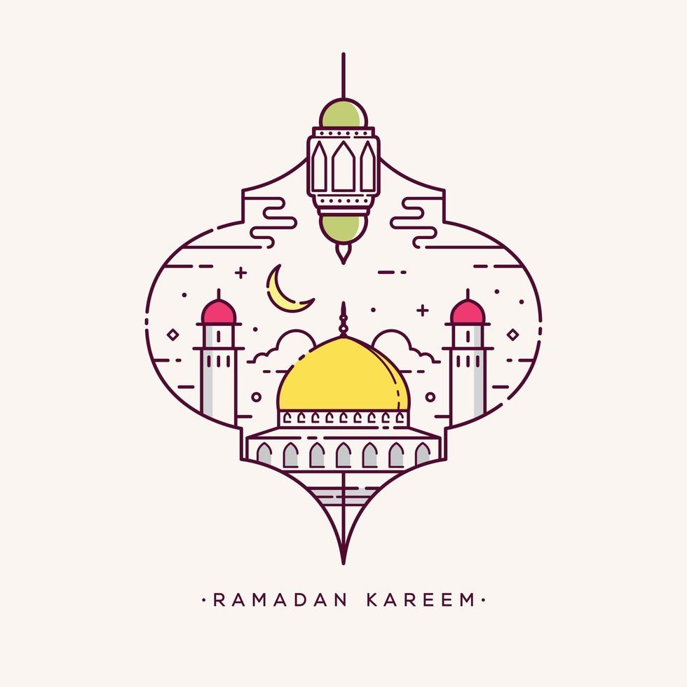 Ramadan kareem arabic calligraphy with mosque line art design vector